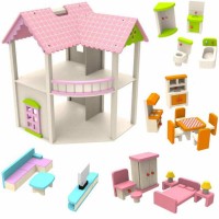Casuta Roz cu 4 seturi de mobilier Wooden Pink House Casuta Roz cu 4 seturi de mobilier Wooden Pink House